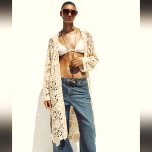 Zara Cream Crochet Long Cardigan